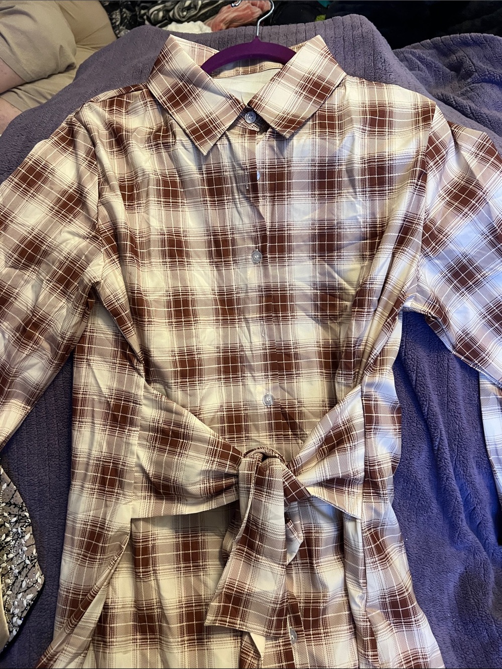 Casual Brown Plaid Button-Down Shirt with Tie Front